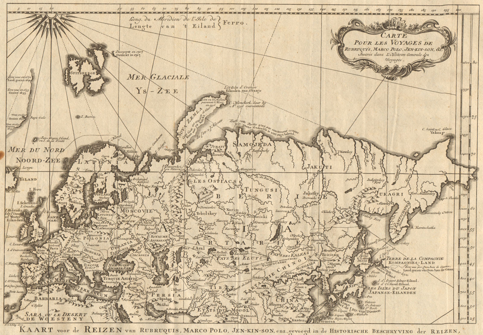 'Les voyages de Rubruquis, Marco Polo, Jenkinson'. BELLIN/SCHLEY 1749 old map
